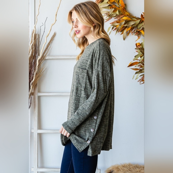 REBORN J Olive Button Side Round Neck Long Sleeve T-Shirt - Picture 2 of 7